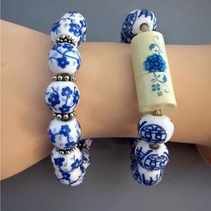 Blue and White Ceramic Porcelain Beaded Bracelets Lot of 2